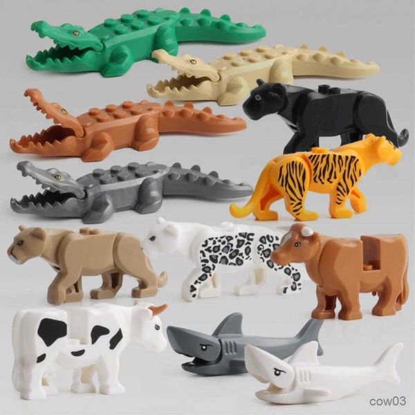 Blocos Mini Animal Bloco de Construção Brinquedos Crocodilo Tubarão Leopardo Vaca Tigre Blocos de Construção Tijolos Crianças Brinquedos de Presente de Natal Decoração de Casa R230720