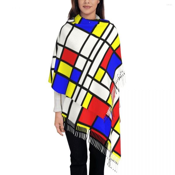 Eşarplar kadın büyük renkli sanat retro mondrian kadınlar kış sonbahar kalın sıcak püskül şal sarar piet soyut ekose eşarp