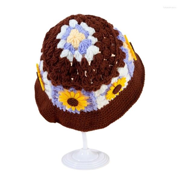Boinas Sweet Girl Crochet Bucket Hat Senhoras Pescador Boné Com Estampa de Flores Mulher Adolescentes Casual Verão Protetor Solar R7RF