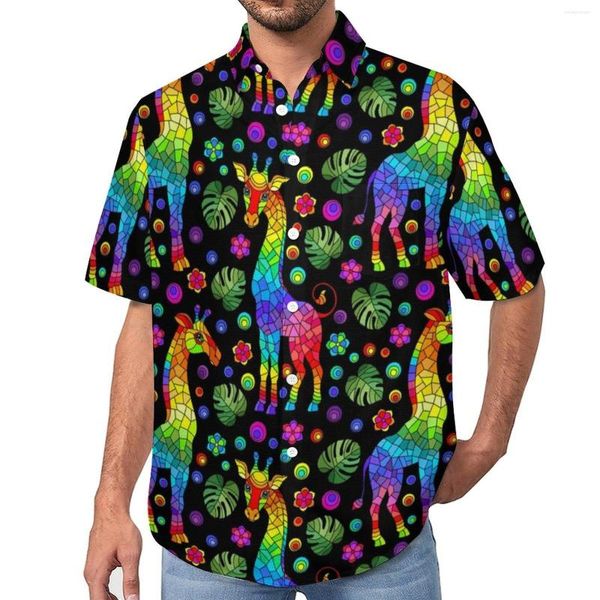 Camicie casual da uomo Giraffa astratta Camicia da spiaggia con stampa animale colorata Camicette eleganti estive Grafica maschile Taglie forti 4XL