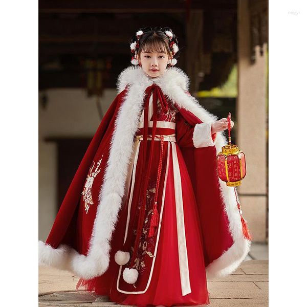 Ethnische Kleidung Mädchen Hanfu Chinesisches Jahr Kinder Warmer Tang-Anzug Kinder Winter Plus Samt Stickerei Partykleid mit Umhang