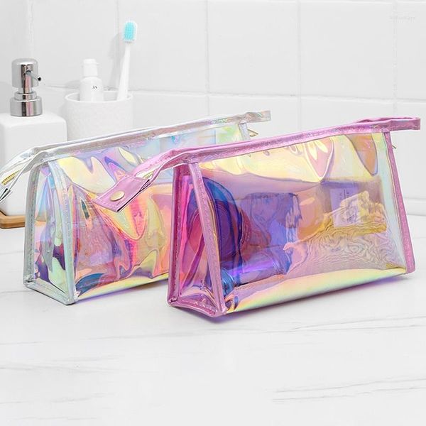 Kosmetiktaschen PVC Wasserdichte transparente Tasche Waschen Toilettenartikel Make-up Organizer Weibliche Mädchen Laserfarbe Reißverschluss Make Up Beauty Case