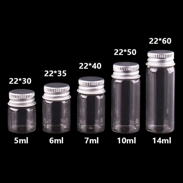 5 ml, 6 ml, 7 ml, 10 ml, 14 ml, pequeñas botellas de vidrio transparente con tapa de rosca plateada, lindos viales de tarro, artesanía DIY 100pcs228C