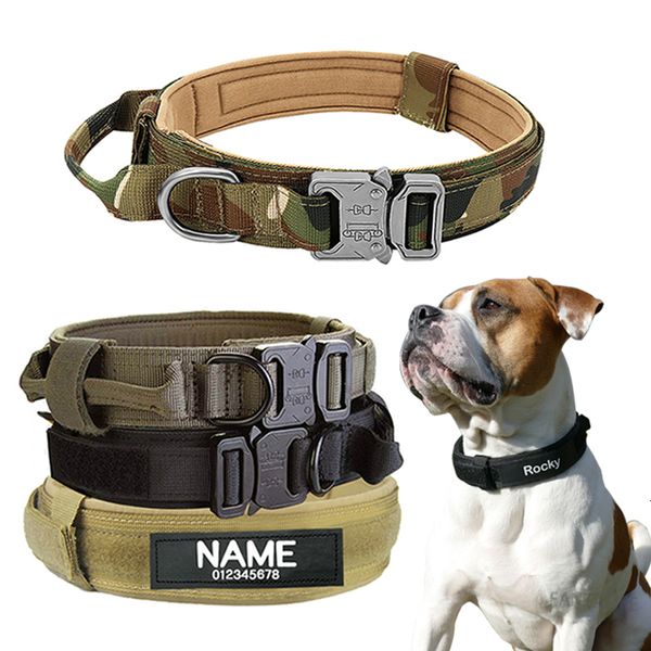 Coleiras para cães Coleira para cães com etiqueta de identificação de nylon ajustável militar tática grande coleira para cães com alça treinamento corrida personalizada 230718