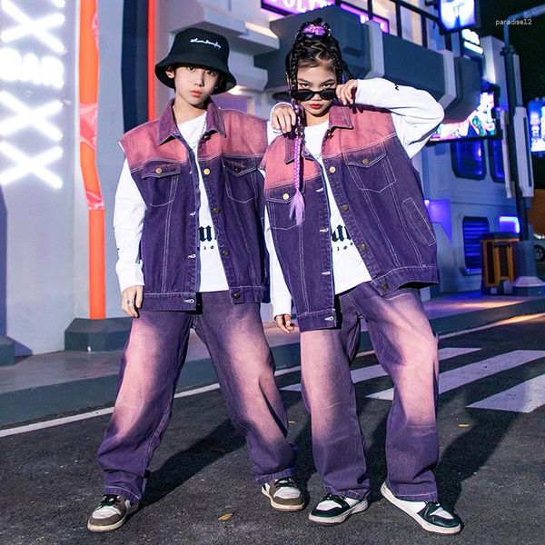 Desgaste de palco Crianças Moda Hip Hop Vestuário Roxo Sem Mangas Jaqueta Streetwear Jeans Calças Para Meninas Meninos Dança Trajes Show Outfits