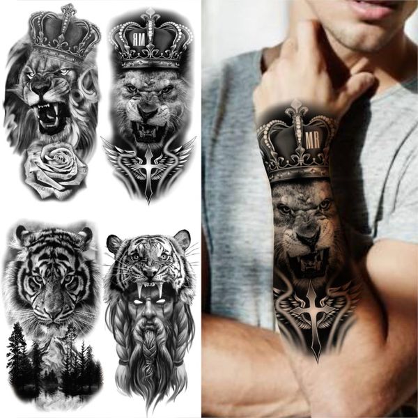 Crown Lion Cross Временные татуировки для мужчин Женщины Tiger Demon Rose Fore