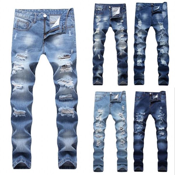 Дизайнерские мужские разорванные джинсы Slim Fit Light Blue Denim Joggers мужские проблемы разрушенные брюки кнопка мух штаны246L