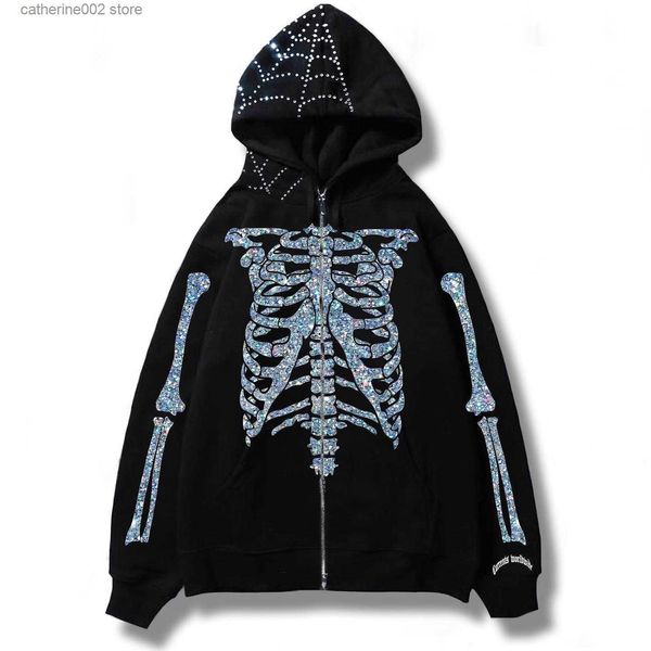 Erkek Hoodies Sweatshirt Rhinestone parıltılı kafatası y2k gotik fermuar up kapşonlu punk büyük boy harajuku hip hop sokak giyim grunge moda sweatshirt giyim t230719