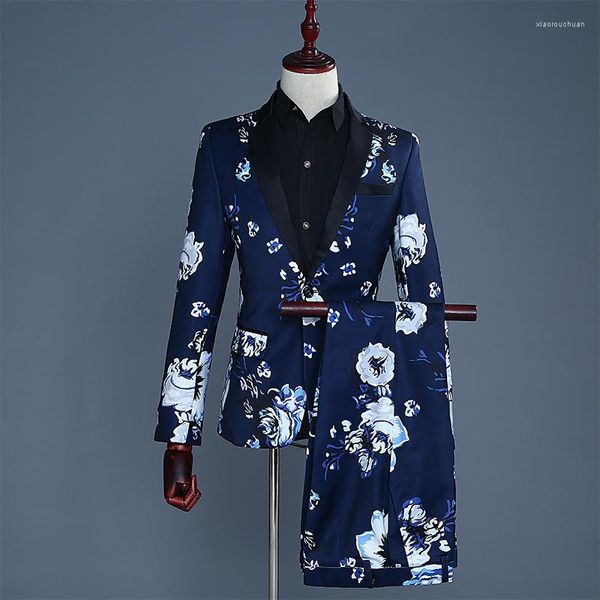 Herrenanzüge, floraler Smoking für Männer, Hochzeit, schmale Passform, marineblau und weiß, Gentleman-Jacke mit Hose, 2-teiliger männlicher Party-formeller Blazer