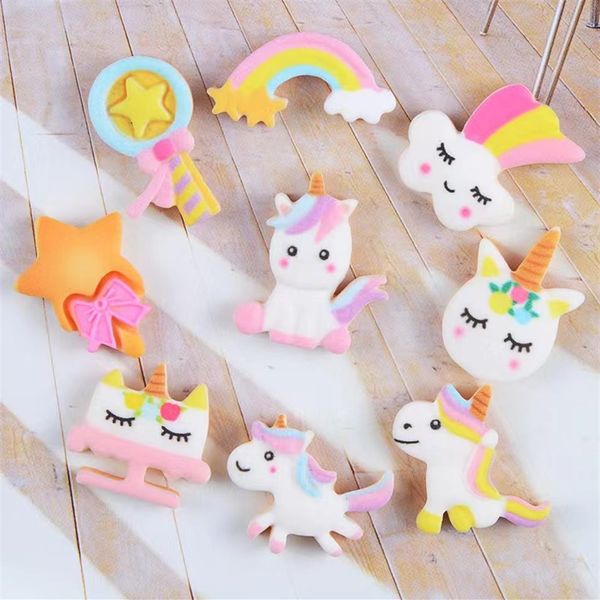 50 Pz / lotti Simpatico Unicorno Componenti Artigianato Arcobaleno Cartone Animato Flatback Resina Planare Arco Materiali Arti Fai Da Te Artigianato Adesivo Accessori 267u