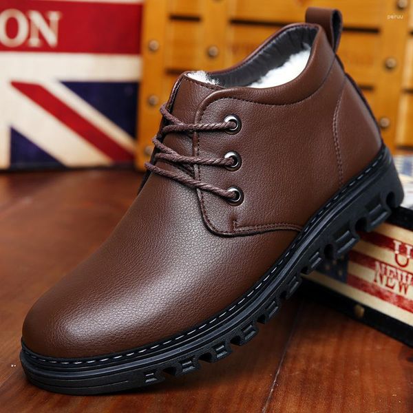 Botas masculinas de inverno sapatos casuais de negócios vestido de couro cano alto de pelúcia quente sem cadarço