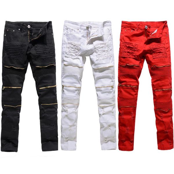 Klassische schlanke Herren-Jeans, Herrenbekleidung, gerade Passform, Biker-Ripper-Reißverschluss, durchgehende Herrenhose, Freizeithose, Größe 36 34 32312E