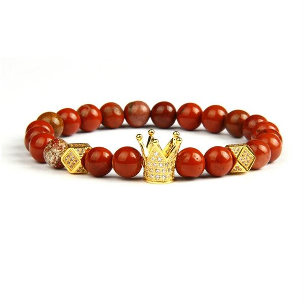 Gioielli in oro intero 10 pz / lotto 8mm perline di pietra rossa naturale con bracciali con ciondoli a corona micro pavimentata di alta qualità per regalo260H