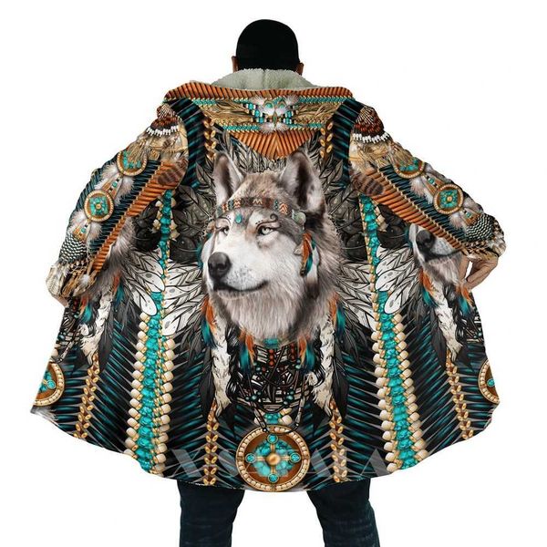 Casaco masculino de lã misturada lobo nativo de penas de animais casaco grosso com capuz quente estampado em 3D para homens de lã à prova de vento unissex casual-5 HKD230718