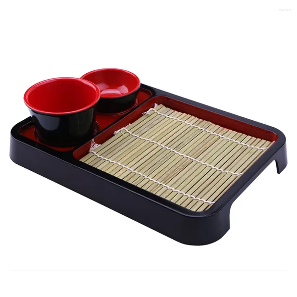 Set di stoviglie Piatto di noodle freddi Piatto giapponese Stuoia di bambù Vassoio rettangolare Vassoi di legno Tagliatelle di grano saraceno Tazze in abs