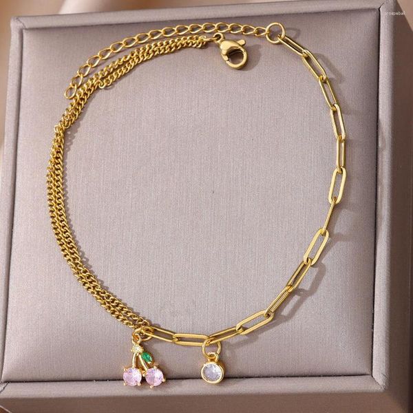 Cavigliere in acciaio inossidabile rosa zircone ciliegia per le donne alla moda color oro accessorio estivo catena regolabile per gioielli regalo