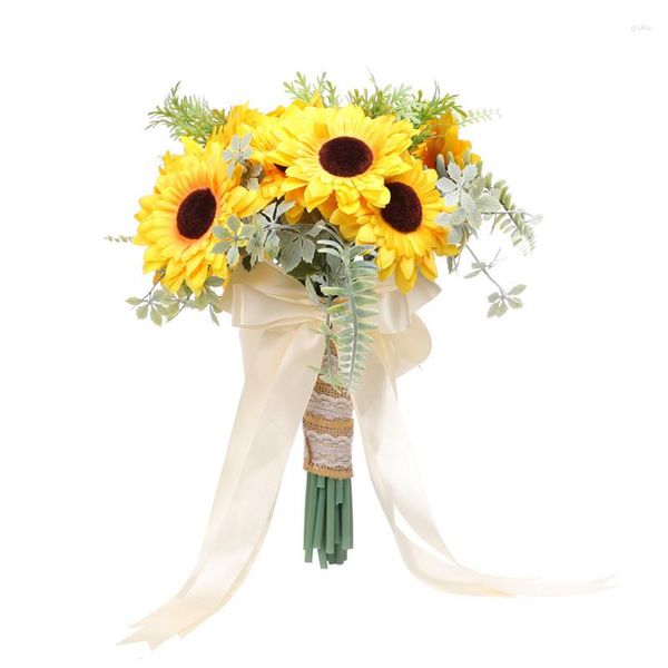 Flores decorativas fita de seda amarelo girassol aritificial feito à mão buquê de noiva para casamento decoração interior festa suprimentos para eventos