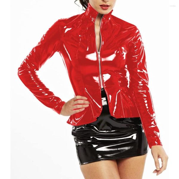 Damenjacken Lady Langarm Fetisch PVC Gothic Stehkragen Reißverschluss Rüschensaum Mäntel Glänzende Kunstleder Club Tops Sexy Slim Jacke