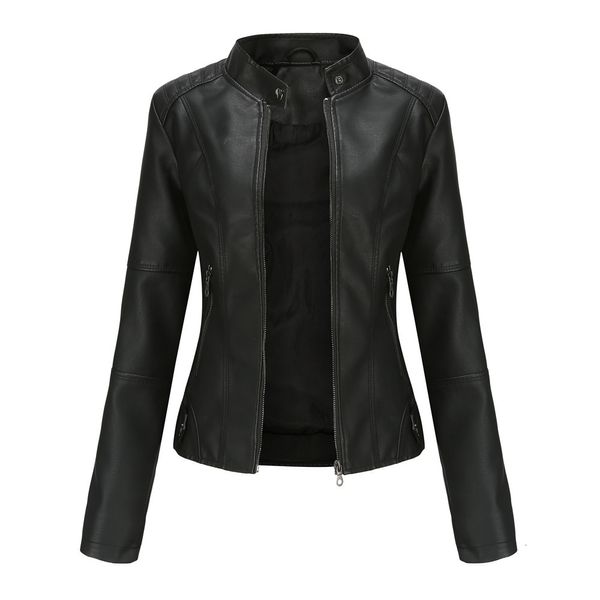 Jaquetas femininas jaqueta de couro sintético feminino 2023 outono primavera moto biker zíper vermelho preto casaco agasalho marrom xs roxo marinho 230719