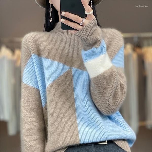 Damenpullover Merinowolle Kleidung 2023 Herbst und Winter Stricken Halb Stehkragen Pullover Mode Korea Kontrast Top Jacke