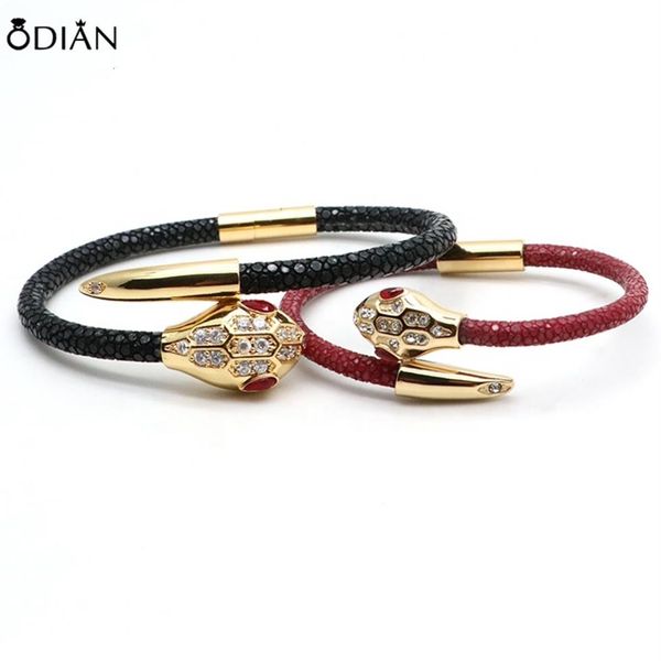 Odian Jewelry High End Quality bracciale in acciaio inossidabile con testa di serpente bracciale in vera pelle di razza e pitone per donna man331F