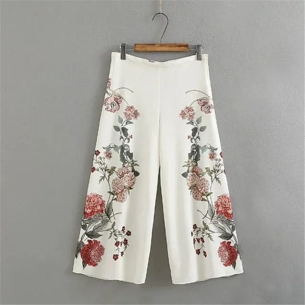 Calças Femininas Moda Verão Elegante Senhoras Cintura Alta Sag Impresso Flores Chique Calças Largas Perna Reta 230719