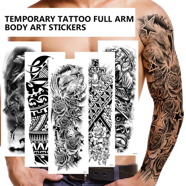 Arte corporal completa tatuagem falsa tigre lobo flores rosa braço grande tatuagem adesivo manga cheia à prova d'água tatuagem semi permanente mulher homem