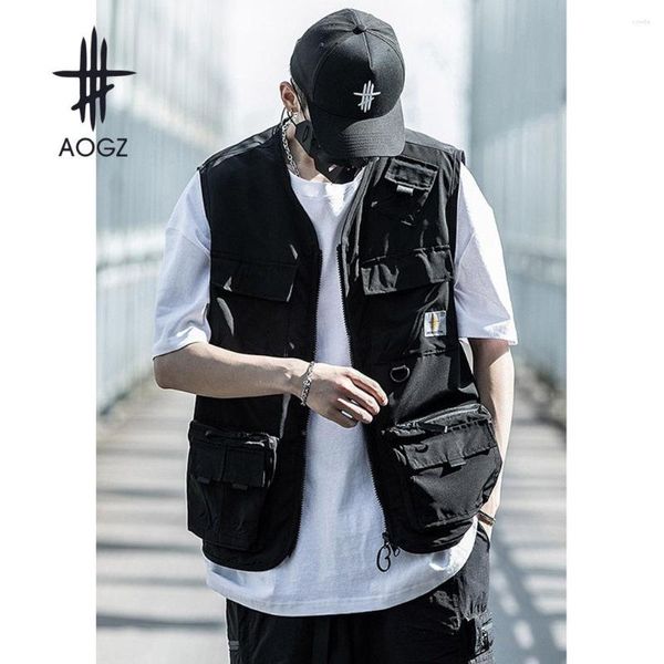 Herrenwesten AOGZ Hip Hop Reißverschluss Cargo Weste Jacke Männer Frauen Multi-Pocket Multifunktionale ärmellose Techwear Streetwear Outwear