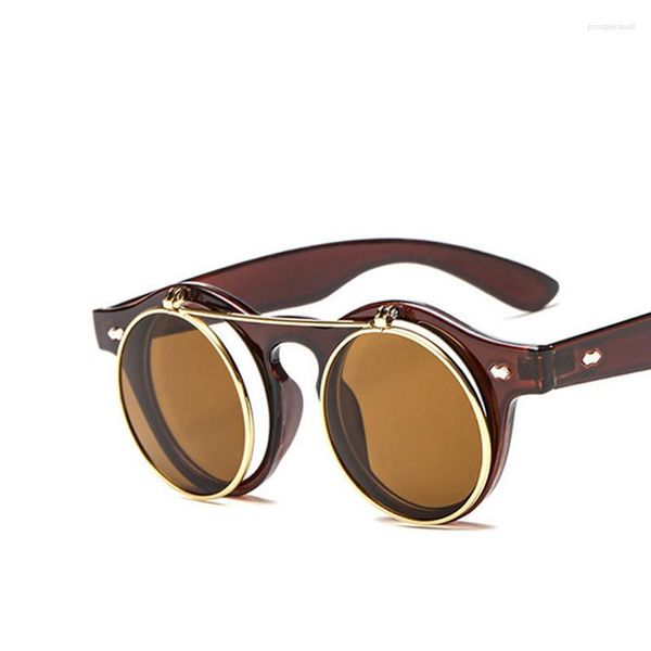 Sonnenbrille 2023 Vintage Runde SteamPunk Flip Up Klassische Doppelschicht Clamshell Design Mode Sonnenbrille