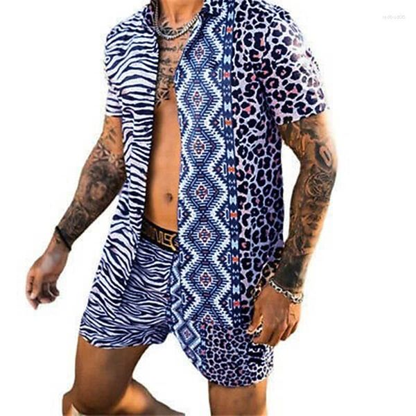 Agasalhos masculinos conjunto de camisa verão havaiano aloha leopardo zebra impressão 3D ao ar livre casual manga curta roupas abotoadas