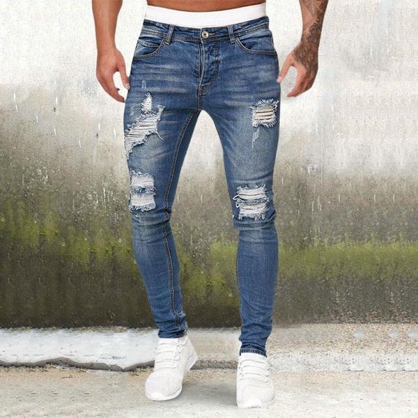 Jeans Masculino Casual Hip Hop Esportes Alta elasticidade Lavagem Justa Polido Branco Rasgado Ajuste Zíper Jeans 1 Ano