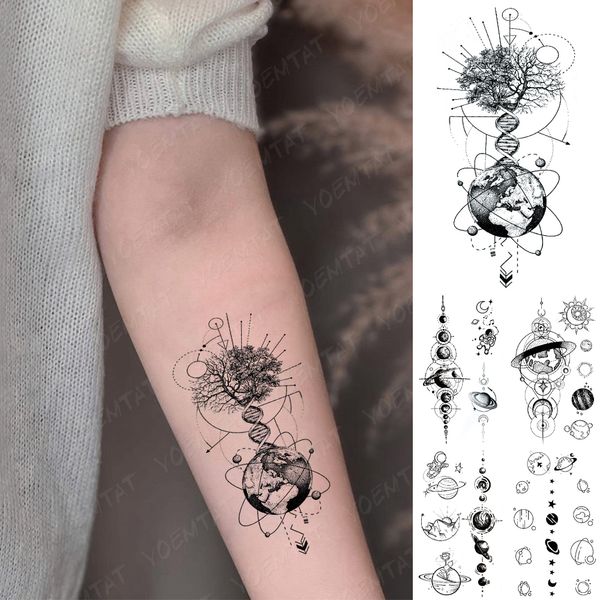 Adesivo de tatuagem temporária à prova d'água terra árvore flash tatuagem geométrica planeta universo tatuagem falsa para arte corporal mulheres homens