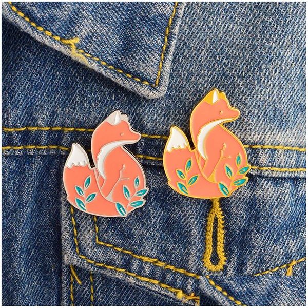 Pins Broschen Gold Silber Roter Fuchs im Gras Brosche Jeansjacke Pins Schnalle Hemd Abzeichen Cartoon Tier Schmuck Geschenk für Kinder Freunde Dh6Il