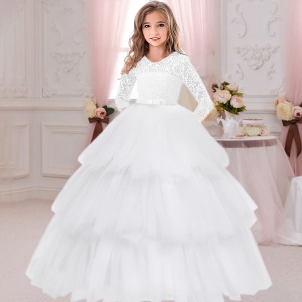 Formale lungo bianco da damigella d'onore ragazze vestito torta pizzo principessa partito fiore abiti bambini vestiti abito da sera da sposa 8 12 vestidos