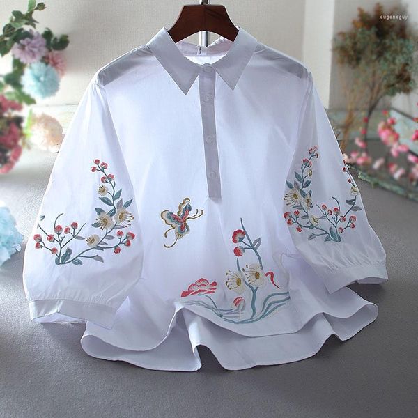 Blusas Femininas SuperAen Design Estilo Chinês Lapela Algodão Manga Lanterna Camisa Flor Bordada Blusa Tops