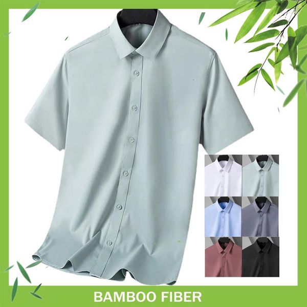 Camisas sociais masculinas verão respirável fibra de bambu misturada camisa de manga curta masculina casual negócios roupa formal ajuste fino botão sólido