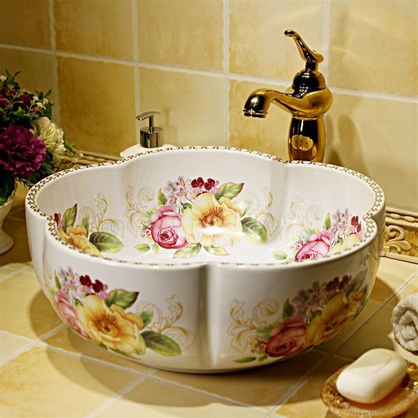 China pintura rosa pintura cerâmica arte lavabo vaso de banheiro pias de bancada redonda pias decorativas bacias de banheiro 312h