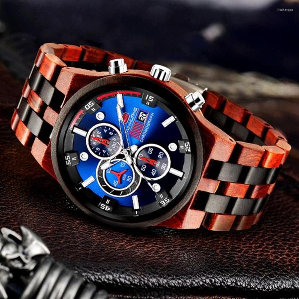 Armbanduhren Holz Männer Uhren Mode Multifunktions Top Herren Natürliche Quarz Armbanduhr Relogio Masculino Box