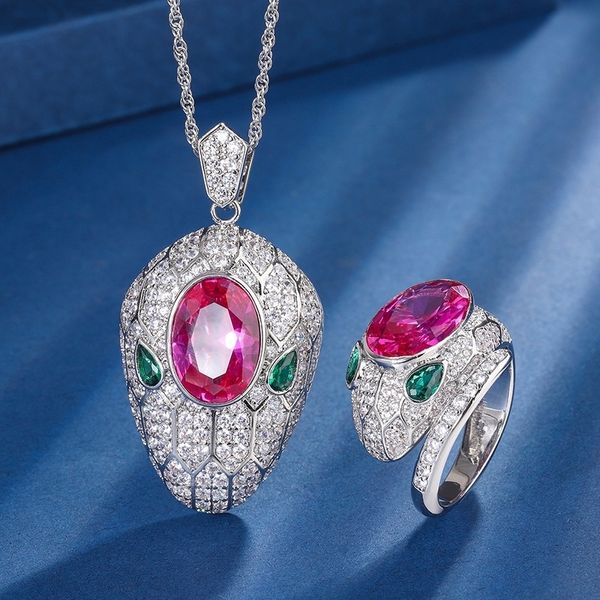 Set di gioielli da sposa JitDoo Collana con anello regolabile in serpente di corindone rosso con pietra di zircone Bling per le donne Set di fidanzamento fine l230718