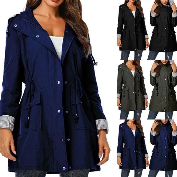 Trench da donna Giacca a vento a maniche lunghe da donna Impermeabile Escursionismo Impermeabile caldo Leggero Sport Inverno Tasca con bottoni all'aperto Con cappuccio