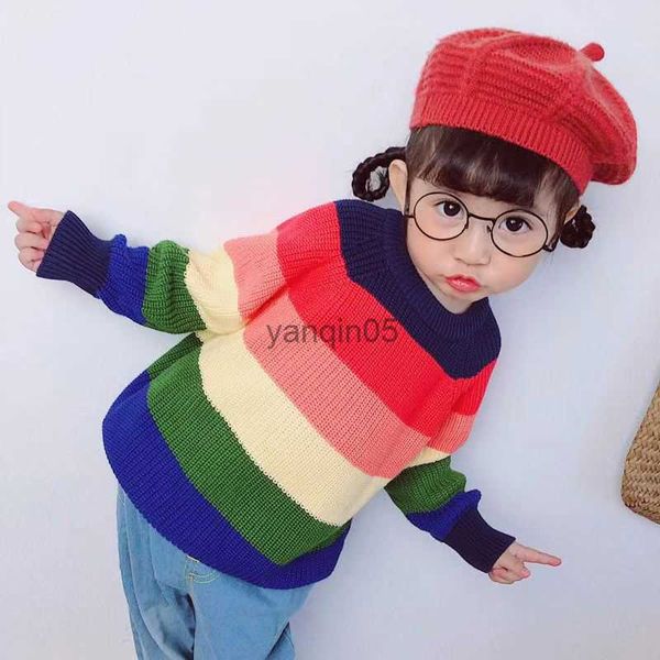 Pullover Maglioni per bambini Maglione per bambini invernali Maglioni per ragazze e ragazzi a righe arcobaleno Maglioni per bambini Autunno Baby Lana calda Top Abbigliamento per bambini HKD230719