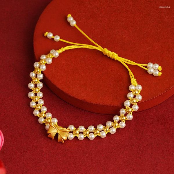 Braccialetti di collegamento Catena di perle di rame di perle di lusso per le donne Braccialetti con ciondolo a fiocco piccolo vintage Gioielli per ragazze in corda principessa