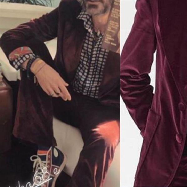 Abiti da uomo Blazer 2 PZ Giacca di Velluto Rosso Vino Pantaloni Svasati Uomo Per Matrimonio Uomo Blazer Bell-bottom Smoking Dello Sposo Trajes D314F