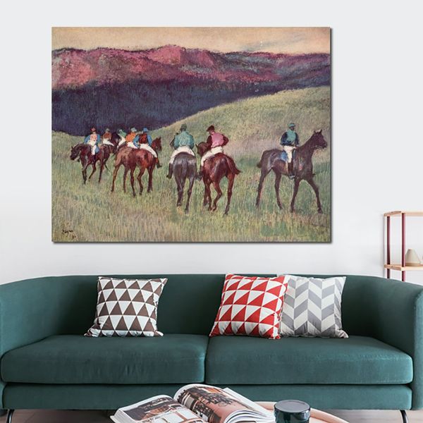Arte em tela de bailarina Cavalos de corrida em uma paisagem Pintura de Edgar Degas Pintura a óleo à mão Decoração de parede de escritório em casa moderna