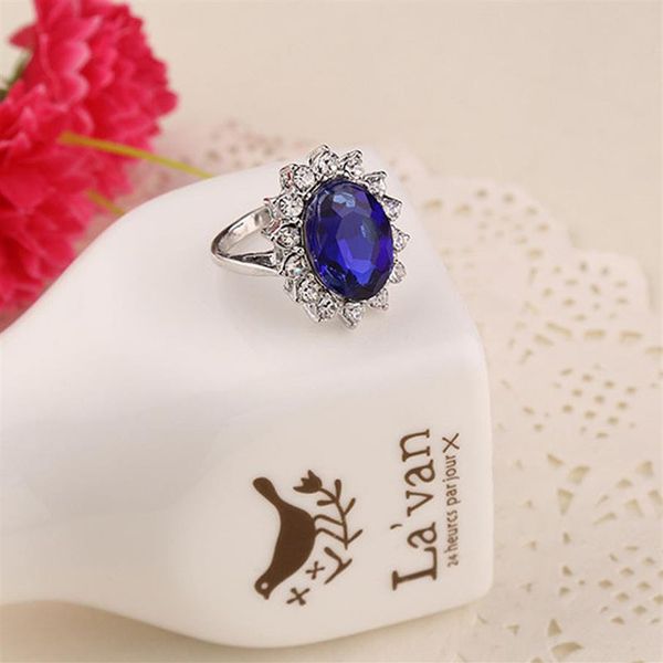Conjunto de anel de noivado de luxo completo princesa britânica Kate Diana William casamento azul safira puro sólido 276j