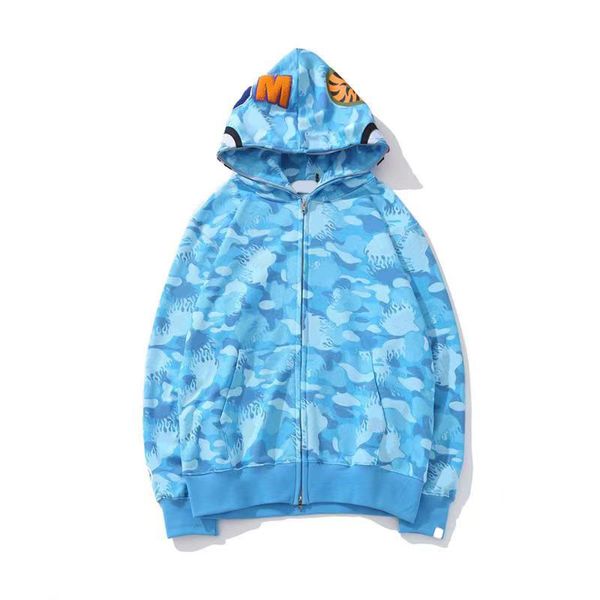 Designer-Haifisch-Hoodie mit durchgehendem Reißverschluss, schwarze Tarnjacke, blaues Kapuzen-Sweatshirt, Herren-Damen-Pullover, langärmliges Oberteil