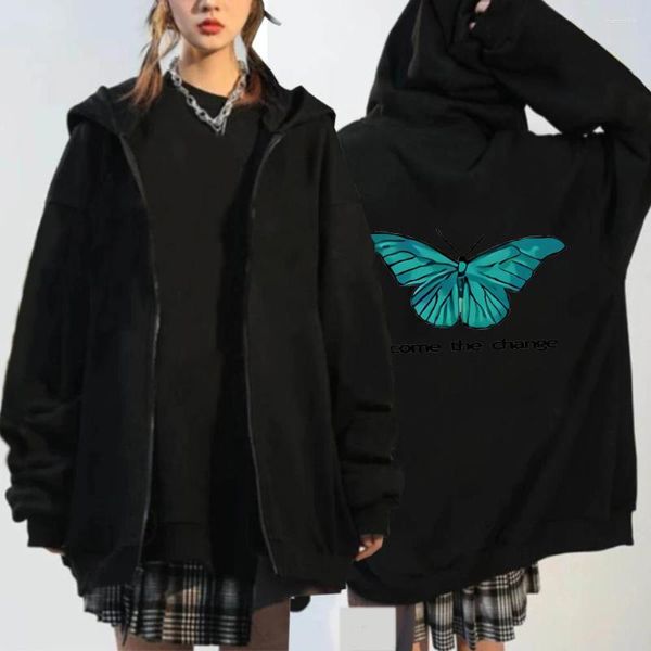 Moletons masculinos femininos Become The Change Butterfly Harajuku moletons inverno quentinhos oversized manga longa preto com zíper moletom com capuz