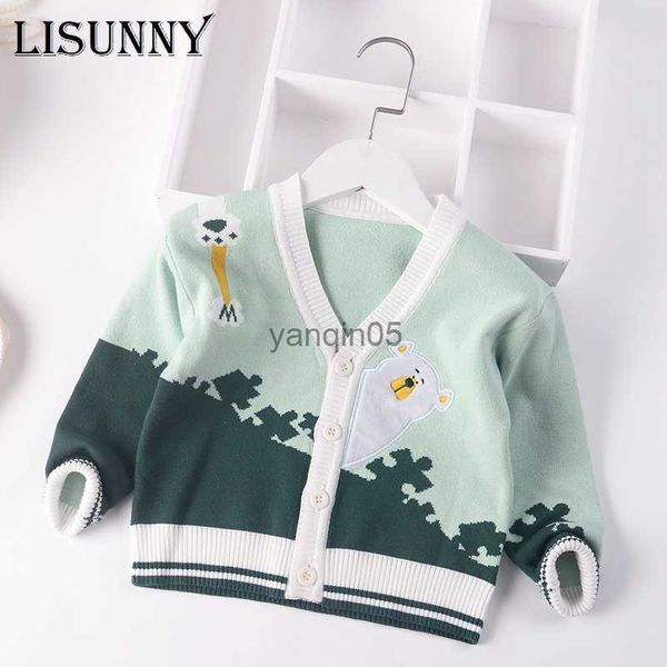 Pullover Toddler Baby Boys Maglione Cardigan Cappotto 2023 Autunno Inverno Maglione Bambini Maglioni Bambini Vestiti a maglia Orso del fumetto Scollo a V 2-7 anni HKD230719