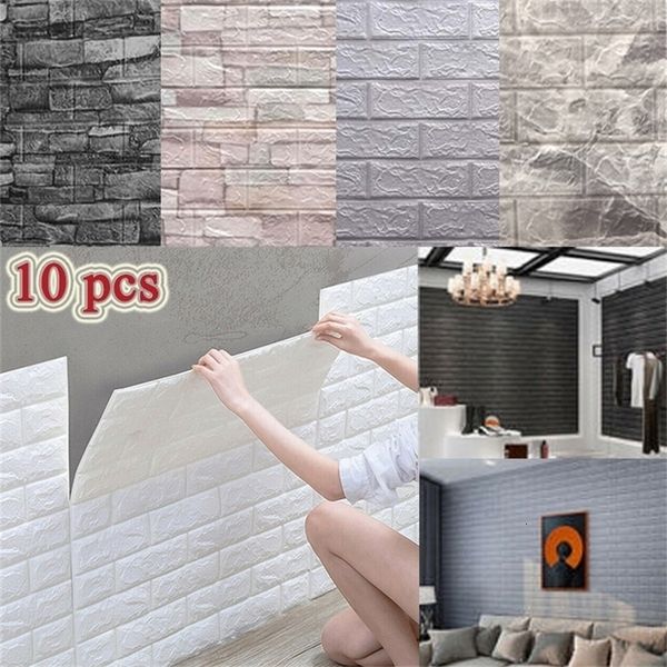 10 pezzi Pannelli autoadesivi 3D Wallpaper Adesivi per pareti in schiuma impermeabile piastrella in mattoni soggiorno TV decalcomanie 38*35 cm 220504