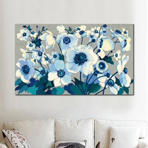 Flores abstratas arte em tela azul pintura de paisagem feita à mão música moderna decoração de quarto
